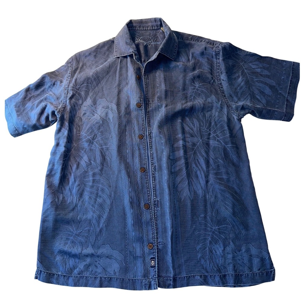 Tommy Bahama Mens Blue 100% Silk Jacquard Tropical Leaf Camp Shirt Medium